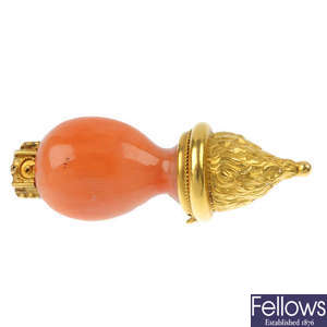 A late 19th century gold coral brooch. 
