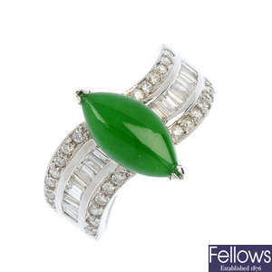 An 18ct gold jade and diamond ring.