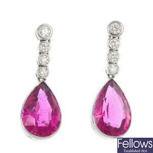 A pair of 18ct gold tourmaline and diamond ear pendants.