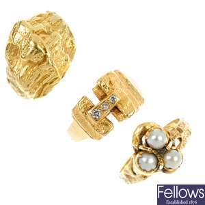 A selection of three mid 20th century 18ct gold rings.