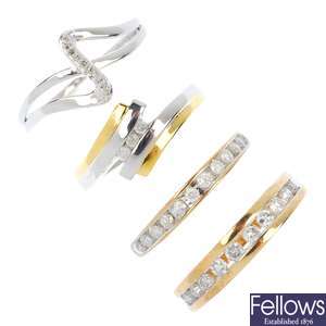 A selection of four 9ct gold diamond rings.