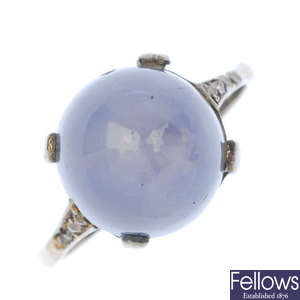 A star sapphire and diamond ring.