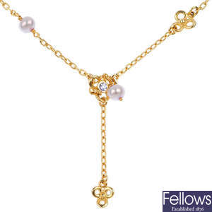PANDORA - a 14ct gold cultured pearl and purple gem necklace. 