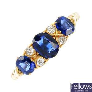 An early 20th century 18ct gold synthetic sapphire and diamond ring.