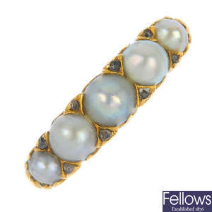 A late Victorian 18ct gold pearl five-stone ring. 