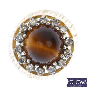 A 14ct gold tiger's-eye and diamond cluster ring.