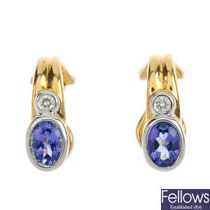 A pair of 14ct gold tanzanite and diamond ear clips. 