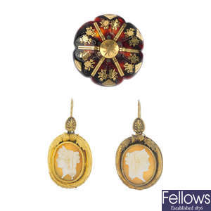 A pair of late 19th century 9ct gold shell cameo ear pendants and a brooch. 