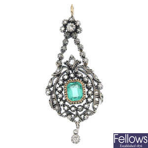 An early 20th century continental silver and 9ct gold paste and diamond pendant.