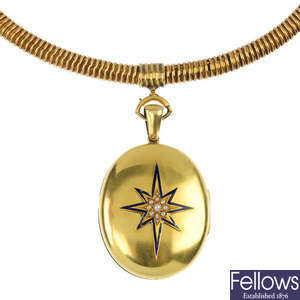 A late Victorian gold split pearl and enamel locket.