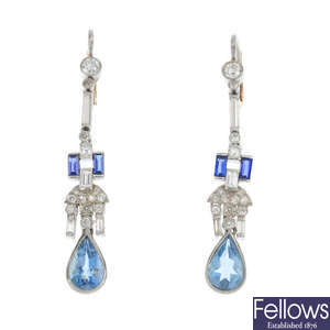 A pair of early 20th century platinum and 18ct gold aquamarine, sapphire and diamond ear pendants.