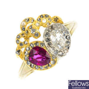 A late 19th century gold ruby and diamond ring.