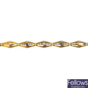 An early 20th century continental 14ct gold synthetic sapphire and diamond bracelet.
