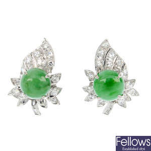 A pair of jade and diamond foliate ear studs.