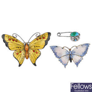 Two early 20th century silver enamel butterfly brooches and a Charles Horner enamel brooch.