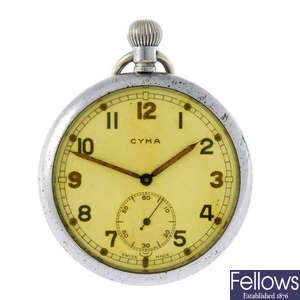 An open face miltary issue pocket watch by Cyma.