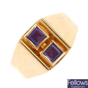 A 1970s 18ct gold synthetic colour-change sapphire two-stone ring.