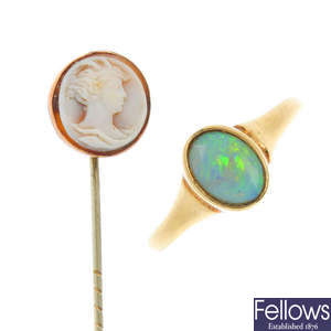A 9ct gold opal single-stone ring and a stickpin.