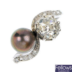An 18ct gold cultured pearl and diamond ring.