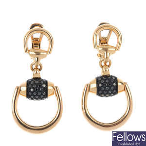 GUCCI - a pair of 18ct gold coloured diamond 'Horsebit' ear pendants.