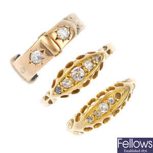 A selection of early 20th century 18ct gold diamond rings.