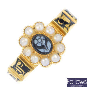 An early 19th century 18ct gold gem-set and enamel mourning ring.