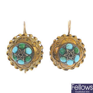 A pair of late 19th century 15ct gold turquoise cluster earrings.