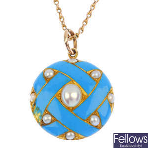 A late 19th century gold enamel and split pearl pendant and chain.