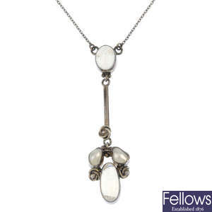 A mid 20th century moonstone and blister pearl pendant.