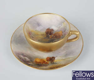 A Royal Worcester porcelain cabinet cup and saucer painted by Harry Stinton