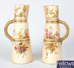 A pair of Edwardian Royal Worcester blush ivory porcelain vases