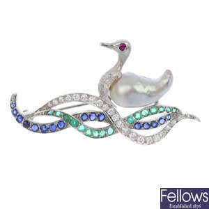 A pearl and multi-gem novelty brooch.