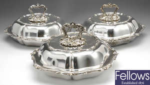 A set of three silver plated entree dishes by James Dixon & Sons.