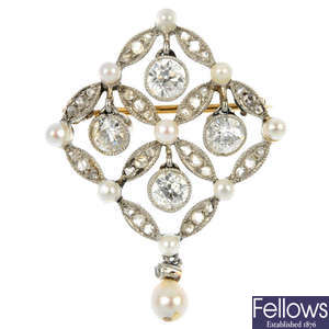 An early 20th century silver and 9ct gold diamond and seed pearl brooch.