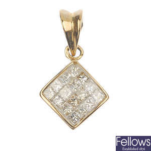 A 9ct gold diamond pendant and diamond ear studs.