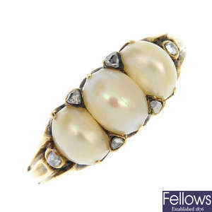 A split pearl and diamond ring.