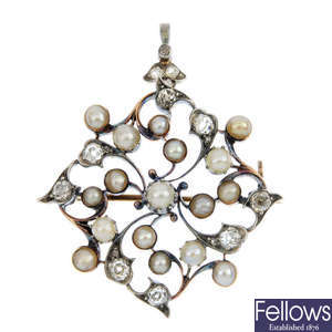 An early 20th century silver and gold diamond and split pearl pendant.
