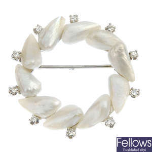A freshwater cultured pearl and diamond brooch. 