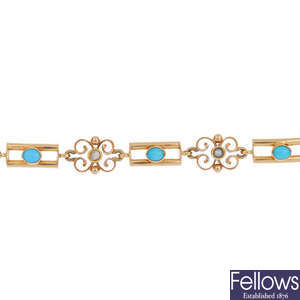 A composite early 20th century 15ct gold turquoise and split pearl bracelet.