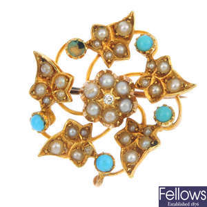 An early 20th century gold diamond, split pearl and turquoise brooch.