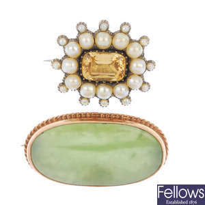A selection of three mid 19th century and later 9ct gold gem-set brooches.