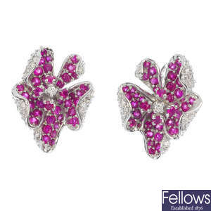 A pair of 14ct gold ruby and diamond floral ear clips.