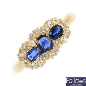 An early 20th century 18ct gold sapphire and diamond triple cluster ring.