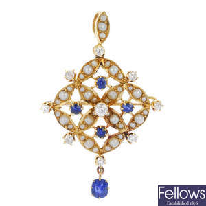 An early 20th century 15ct gold sapphire, diamond and split pearl pendant.