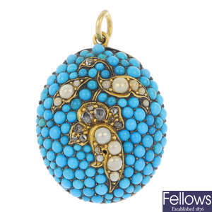 A late 19th century 15ct gold turquoise split pearl and diamond pendant.