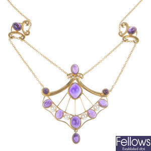 A 9ct gold diamond amethyst and cultured pearl necklace and ear stud set.