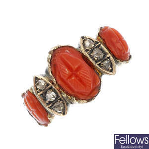  A late 19th century gold coral and diamond ring. 