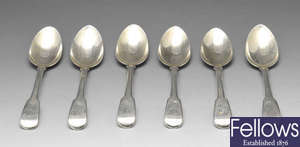 George III silver Fiddle pattern dessert spoons & table spoons.