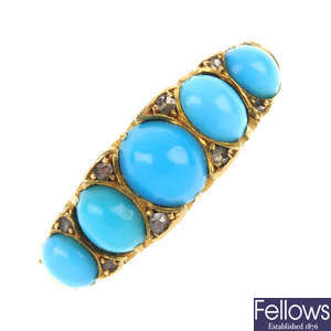An early 20th century 18ct gold turquoise and diamond five-stone ring.