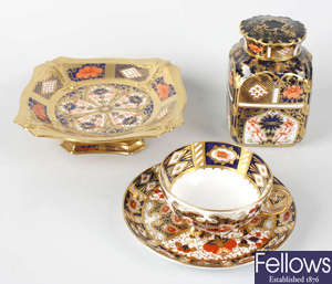 A Royal Crown Derby bone china tea caddy and cover, etc.
